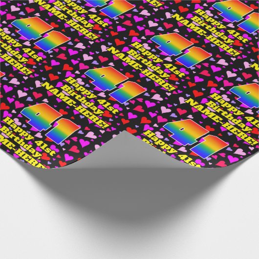 Papier Cadeau 41e anniversaire : Amour Hearts Motif, Arc en ciel (Coin)