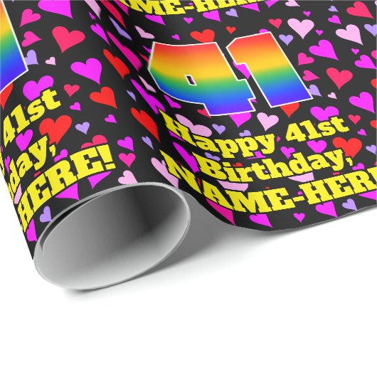 Papier Cadeau 41e anniversaire : Amour Hearts Motif, Arc en ciel (Coin rond)