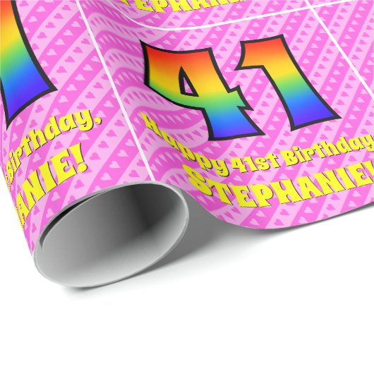 Papier Cadeau 41e anniversaire : Pink Stripes & Hearts, Arc en c (Coin rond)