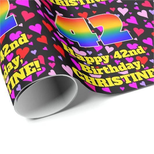 Papier Cadeau 42e anniversaire : Amour Hearts Motif, Arc en ciel (Coin rond)