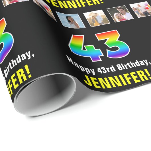 Papier Cadeau 43e anniversaire : Arc-en-ciel "43"; photos et nom (Coin rond)