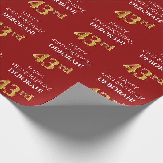 Papier Cadeau 43e anniversaire : Elégant, Rouge, Faux Gold Look (Coin)