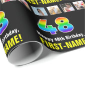 Papier Cadeau 48e anniversaire : Arc-en-ciel "48"; photos et nom (Coin rond)