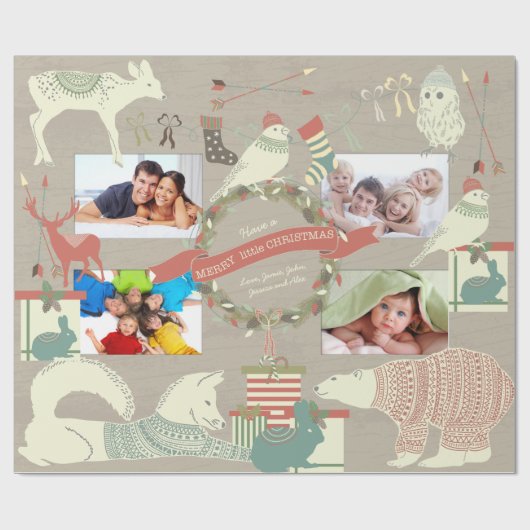 Papier Cadeau 4 Photo Forêt de Noël Bunny Fox Cerf Ours (Plat)