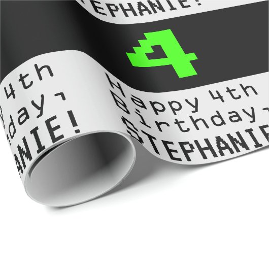 Papier Cadeau 4e anniversaire - Nerdy / Geeky Style "4" et nom (Coin rond)