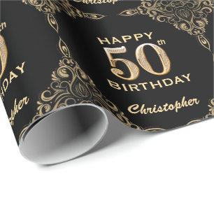 Papier Cadeau 50e anniversaire Black and Gold Parties scintillan