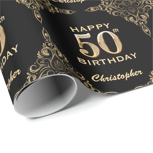 Papier Cadeau 50e anniversaire Black and Gold Parties scintillan (Coin rond)