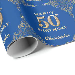 Papier Cadeau 50e anniversaire Cadre Parties scintillant bleu et