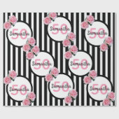 Papier Cadeau 50e anniversaire chic rose roses noir blanc rayure (Plat)
