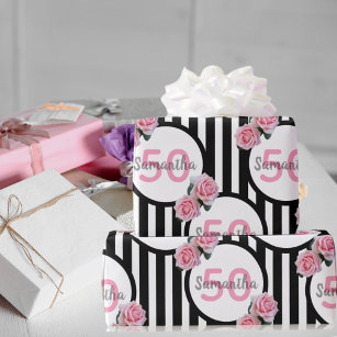 Papier Cadeau 50e anniversaire chic rose roses noir blanc rayure