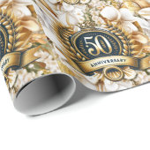 Papier Cadeau 50e anniversaire de la florale blanche et or (Coin rond)