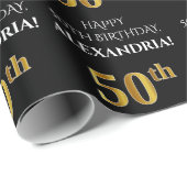 Papier Cadeau 50e anniversaire : Elégant, noir, Faux Gold Look (Coin rond)