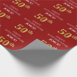 Papier Cadeau 50e anniversaire : Élégant, rouge, parure d'or d