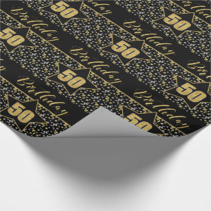 Papier Cadeau 50e Anniversaire étoile sur Noir avec Argent Or