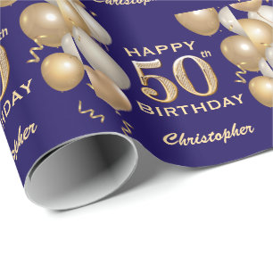Papier Cadeau 50e anniversaire Marine Bleu et Parties scintillan