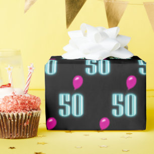 Papier Cadeau 50e anniversaire Neon avec ballon