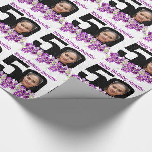 Papier Cadeau 50e anniversaire photo fun mono et fleurs violette