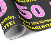 Papier Cadeau 50e anniversaire : Pink Stripes and Hearts "50" +  (Coin rond)