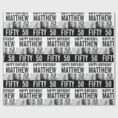 Papier Cadeau 50e anniversaire trois photos noir blanc rayé (Plat)