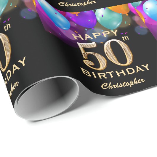 Papier Cadeau 50e fête d'anniversaire Ballons noirs et or (Coin rond)