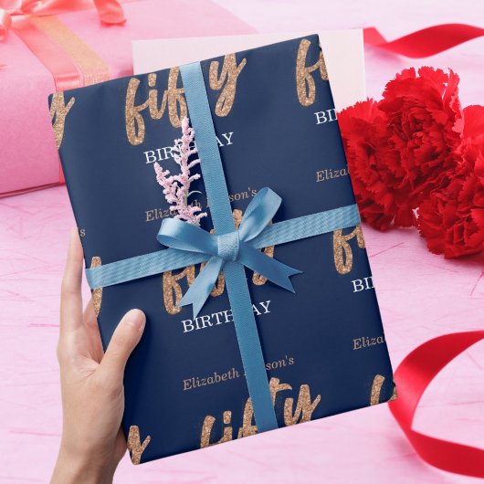 Papier Cadeau 50e fête d'anniversaire Modern Gold & Blue | Cinqu