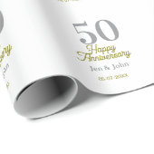 Papier Cadeau 50th happy anniversary name date silver gold date  (Coin rond)