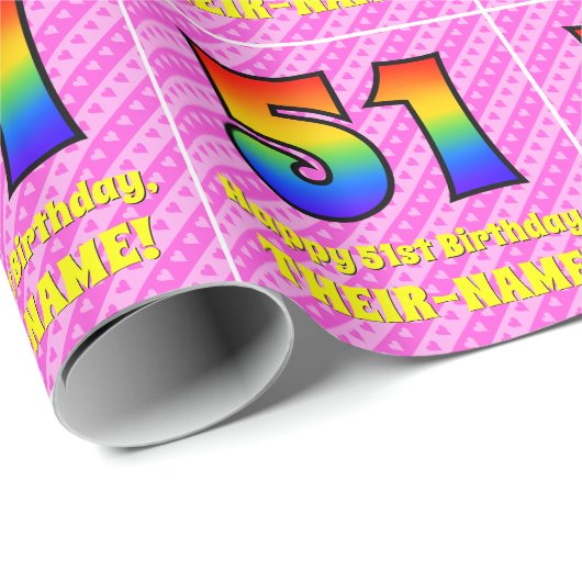 Papier Cadeau 51e anniversaire : Pink Stripes & Hearts, Arc-en-c (Coin rond)