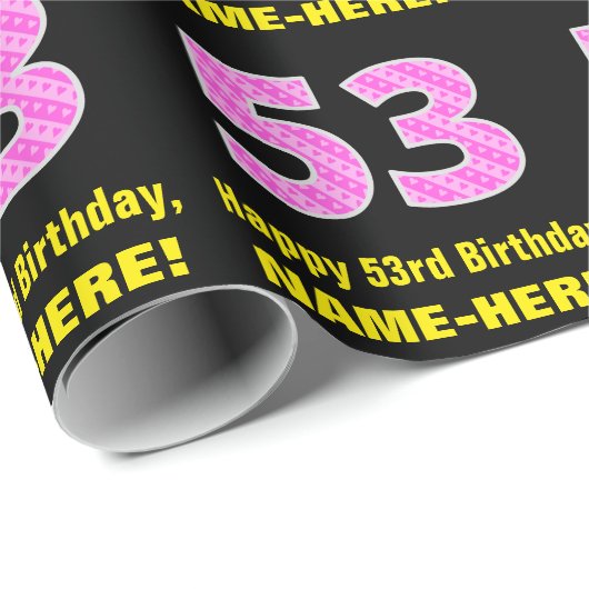 Papier Cadeau 53e anniversaire : Pink Stripes and Hearts "53" + (Coin rond)