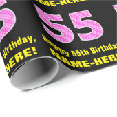 Papier Cadeau 55e anniversaire : Pink Stripes and Hearts "55" + (Coin rond)