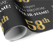 Papier Cadeau 58e anniversaire : Elégant, Noir, Faux Gold Look (Coin rond)