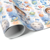 Papier Cadeau 5th Birthday Boy Astronaut Blast off Planets (Coin rond)