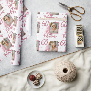 Papier Cadeau 60 ans et Fabuleux Rose Paillettes Photo 60e Anniv