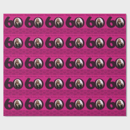 Papier Cadeau 60e anniversaire photo damask emballage rose chaud (Plat)