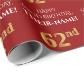 Papier Cadeau 62e anniversaire : Elégant, Rouge, Faux Gold Look (Coin rond)