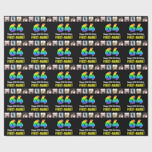 Papier Cadeau 64e anniversaire : Arc-en-ciel "64"; photos et nom (Couture)