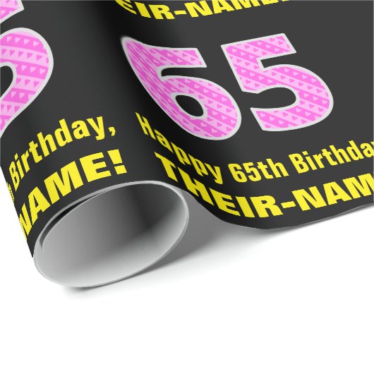 Papier Cadeau 65e anniversaire : Pink Stripes and Hearts "65" + (Coin rond)