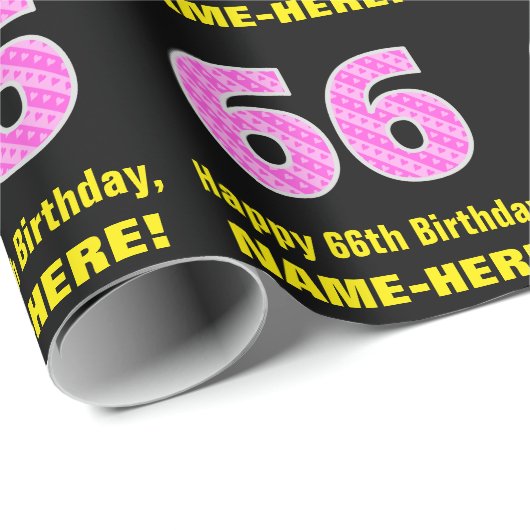 Papier Cadeau 66e anniversaire : Pink Stripes and Hearts "66" +  (Coin rond)