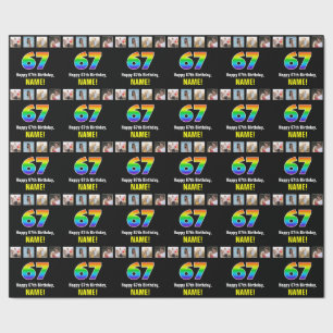 Papier Cadeau 67e anniversaire : Arc-en-ciel "67"; photos et nom