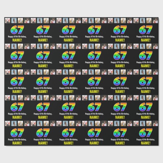 Papier Cadeau 67e anniversaire : Arc-en-ciel "67"; photos et nom (Couture)