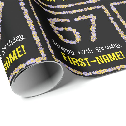 Papier Cadeau 67e anniversaire : Floral Flowers Numéro, Nom pers (Coin rond)