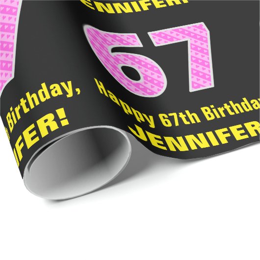 Papier Cadeau 67ème anniversaire : Pink Stripes and Hearts "67" (Coin rond)