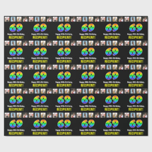 Papier Cadeau 69e anniversaire : Arc-en-ciel "69"; photos et nom