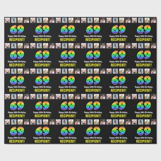 Papier Cadeau 69e anniversaire : Arc-en-ciel "69"; photos et nom (Couture)