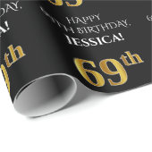 Papier Cadeau 69e anniversaire : Elégant, Noir, Faux Gold Look (Coin rond)
