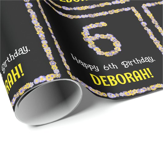 Papier Cadeau 6e anniversaire : Floral Flowers Numéro, Nom perso (Coin rond)