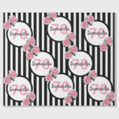 Papier Cadeau 70e anniversaire chic rose roses noir blanc rayure (Plat)