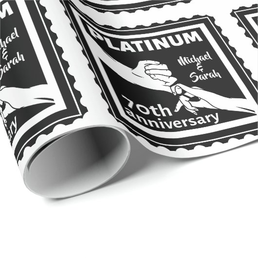 Papier Cadeau 70e anniversaire du mariage platine bleu tradition (Coin rond)