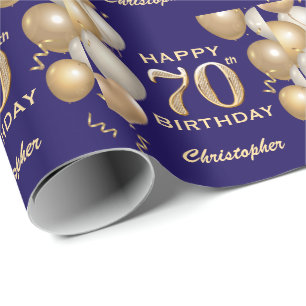 Papier Cadeau 70e anniversaire Marine Bleu et Parties scintillan