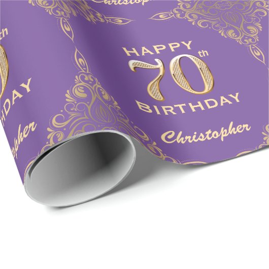 Papier Cadeau 70e anniversaire Parties scintillant violet et or (Coin rond)