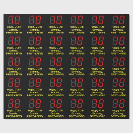 Papier Cadeau 70e anniversaire : Rouge Digital Clock Style "70" (Plat)